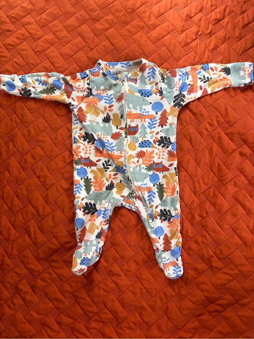 Old Navy Forest Animal Footed One-Piece in Orange, Blue, Green